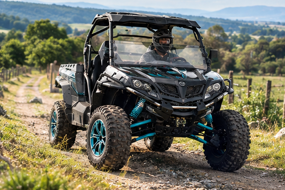 Off Road Farm UTV traveling along a rural farm path for field inspection and movement between working areas.