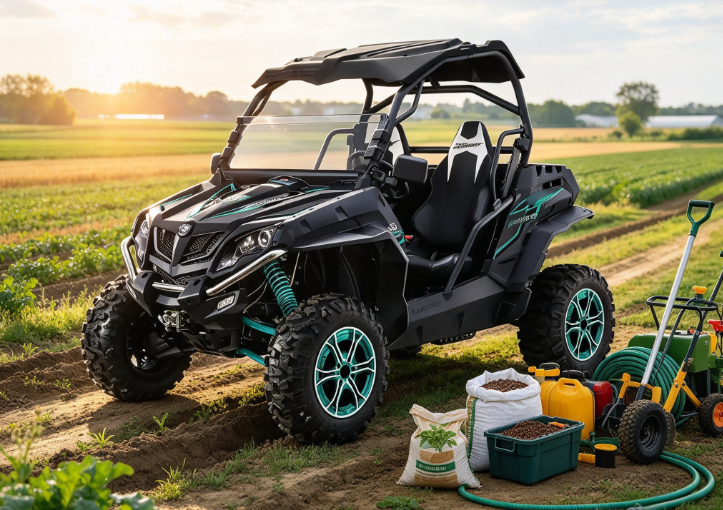 Black and green off road farm UTV in spring farm scene with tools seed supplies and agricultural equipment for material transport.