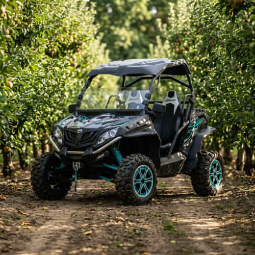 Electric farm ATV moving through orchard rows for everyday field work