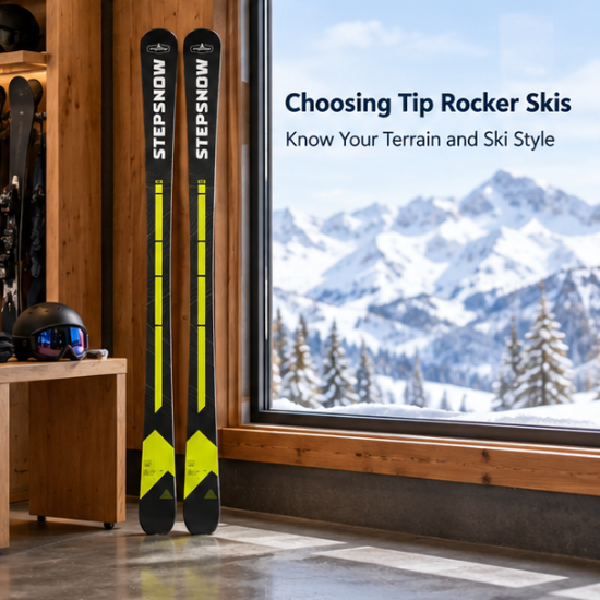 Black and neon yellow Tip Rocker Skis displayed beside a ski shop window with snowy mountains outside.
