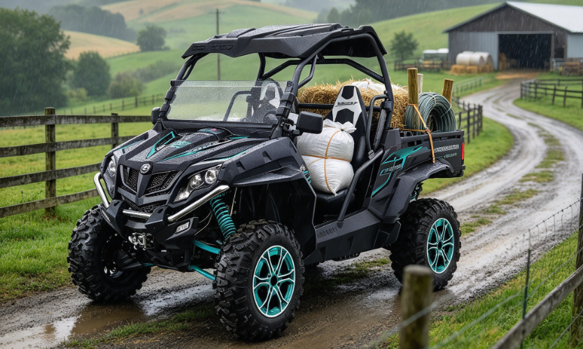 Real size off road farm UTV loaded with feed bags fence posts and wire on hillside farm track.