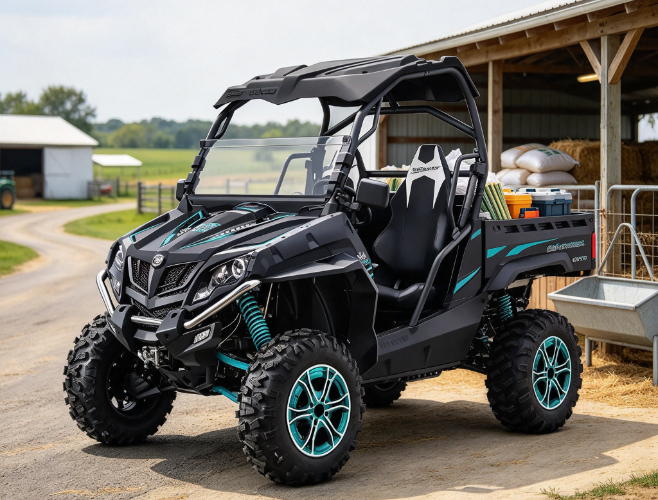 Real life size off road farm UTV with cargo bed organized supplies.