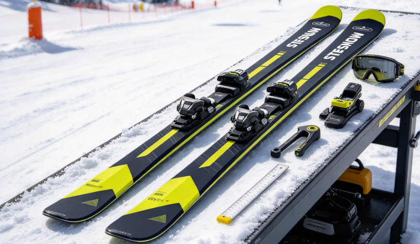 Actual size men's alpine skis on trail side bench with tools goggles and snowy ski resort background.