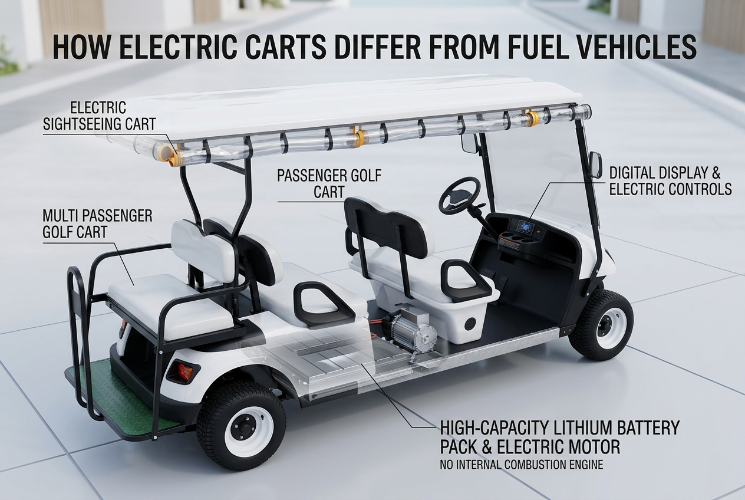 An infographic of an Electric Sightseeing Cart, Passenger Golf Cart, and Multi Passenger Golf Cart shows the lithium battery pack, electric motor, and digital display that replace a fuel engine.