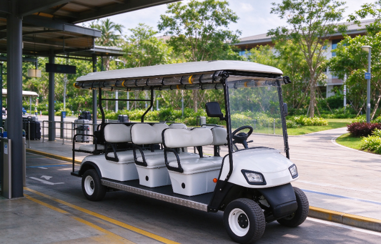 lectric sightseeing cart parked at shuttle stop, passenger golf cart improving passenger flow in scenic area.